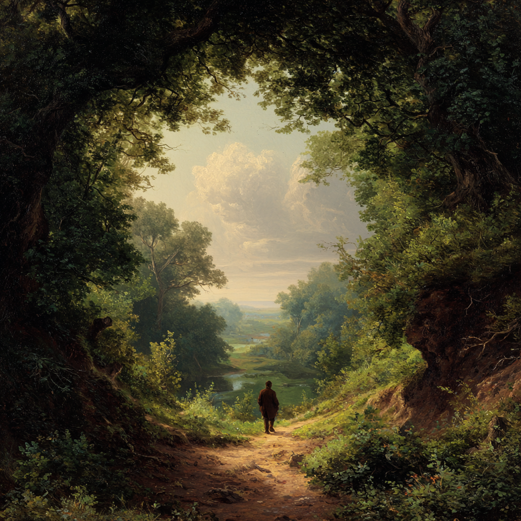 The alt text for the image is: "Man walking down a forest path" yonly